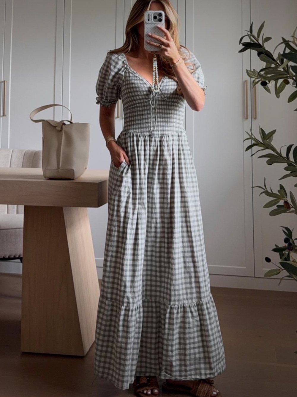 Gingham Smocked Maxi Dress in Sage Green